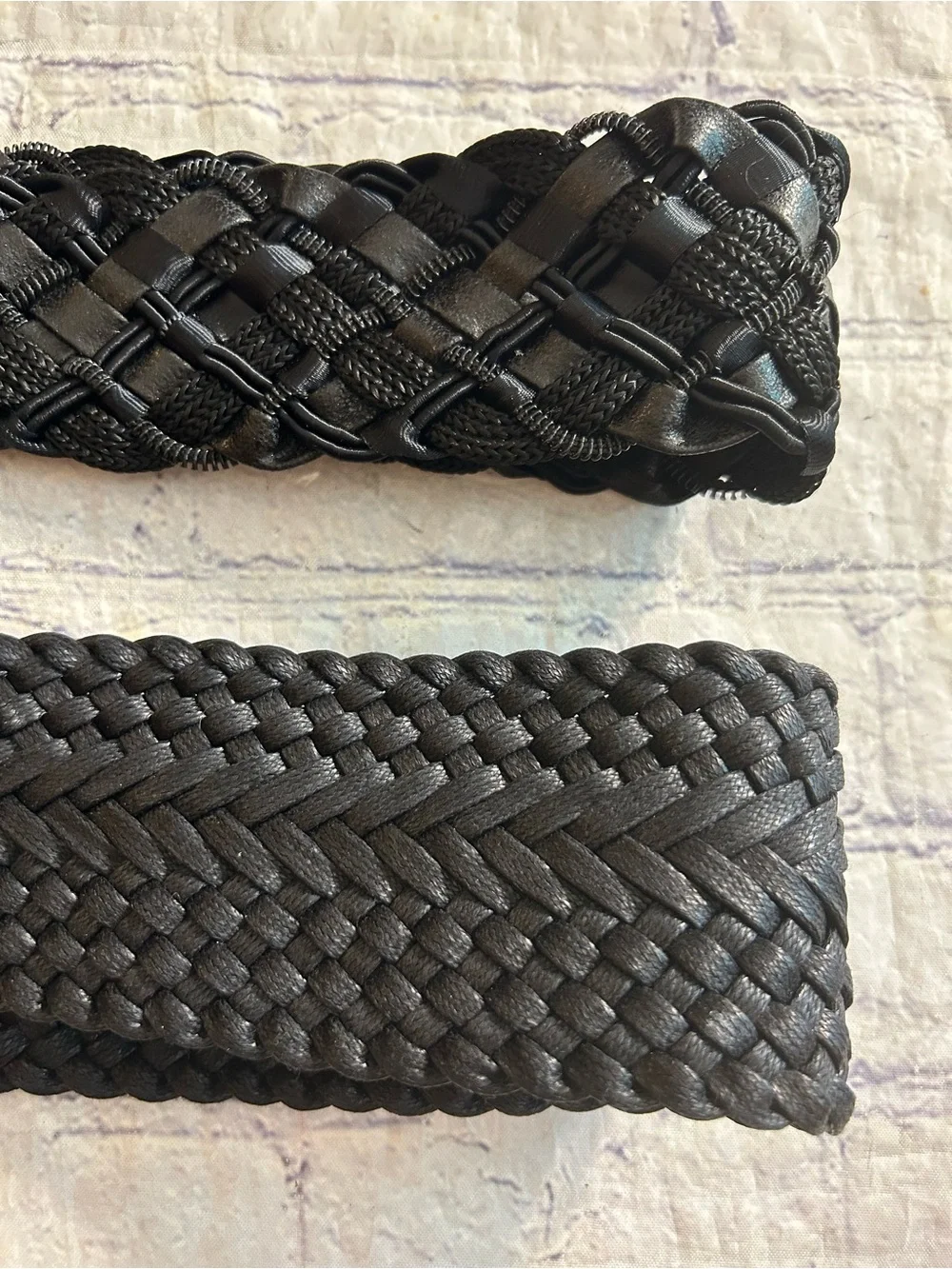 LOT OF (2) BLACK BRAIDED WOVEN WIDE BELTS 100% COTTON & POLYESTER BLEND M/L